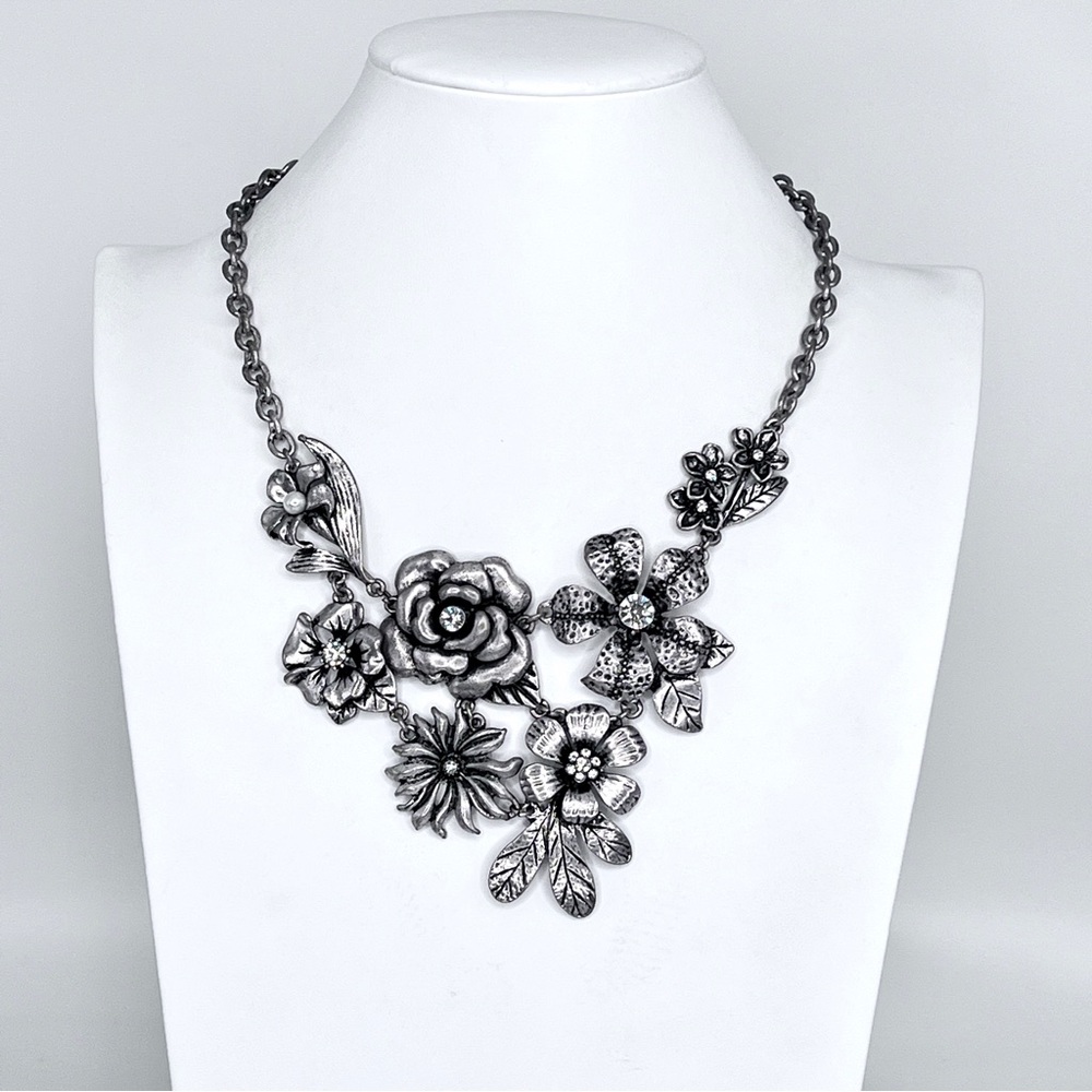Silver Floral Bib Statement Necklace